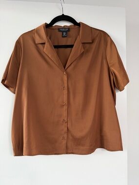 Rachel Zoe Short Sleeve Button-Down Top in Rust Brown